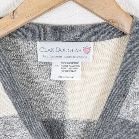 Clan Douglas 100% Cashmere Cardigan Sweater Grey Blue checker size Medium - Picture 3 of 9
